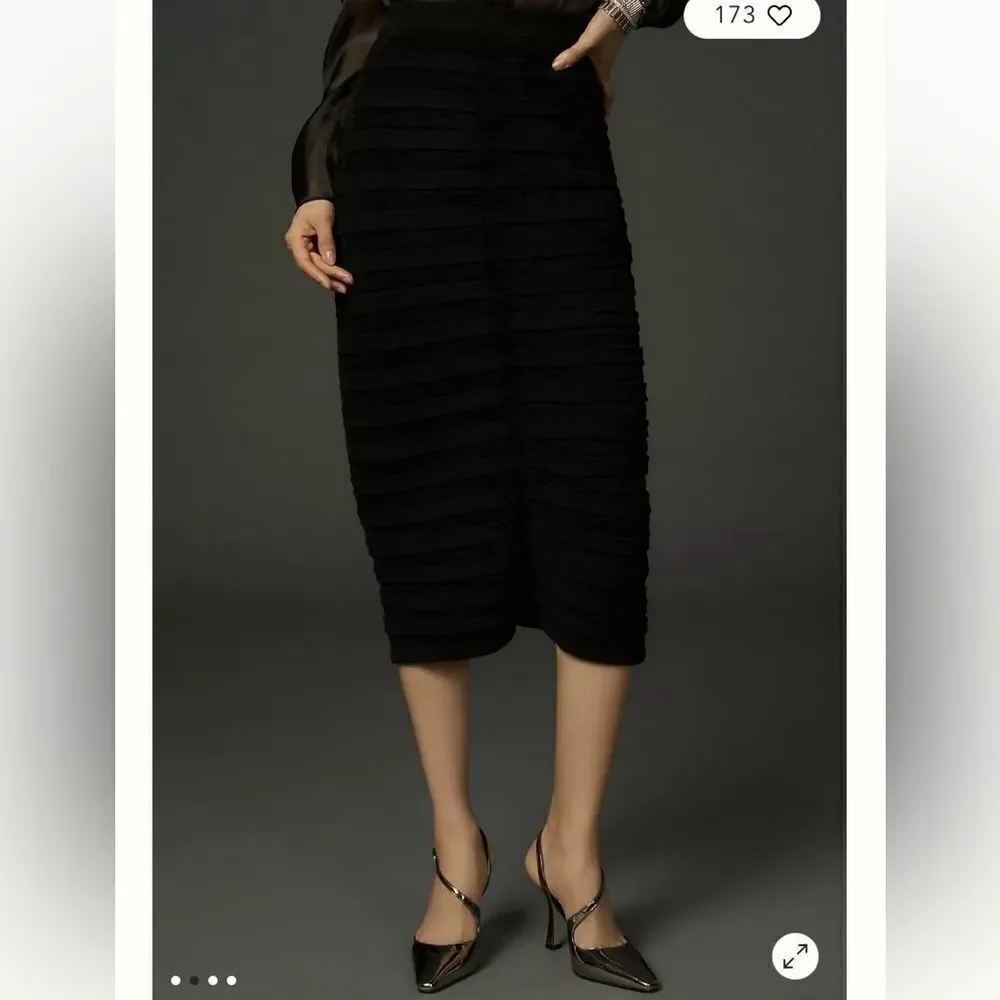 By Anthropologie Marilyn Black Midi Fitted Ribbed Sweater Skirt